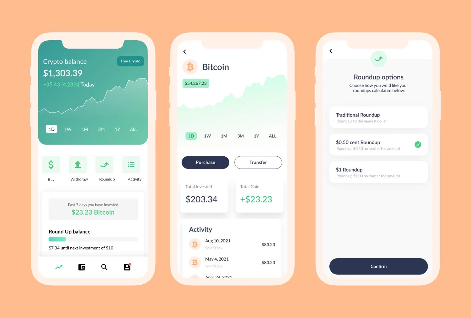 Bundil app screens: balance, Bitcoin, roundup options
