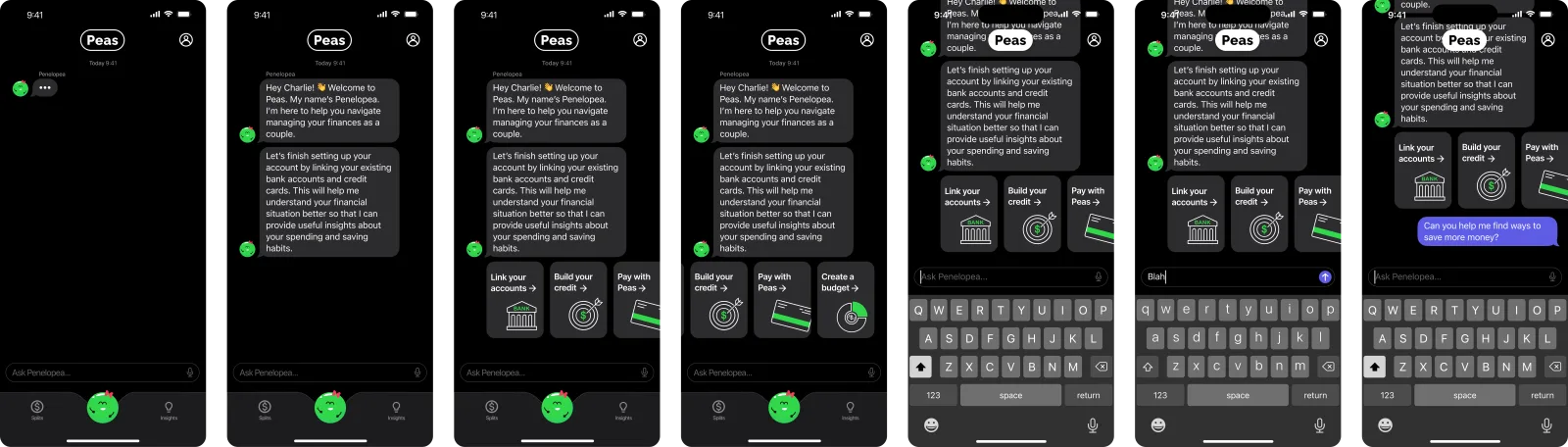 Peas app screens with the PenelopeAI assistant