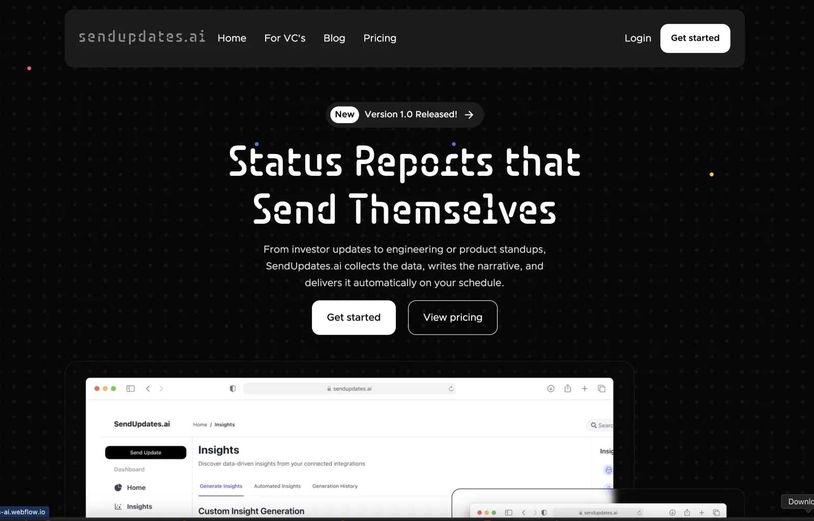 SendUpdates landing page and product preview