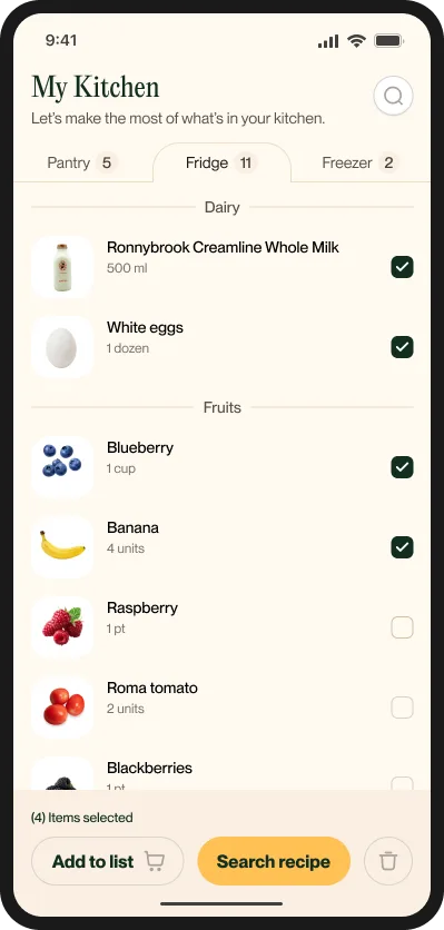 Served kitchen inventory and scan screen